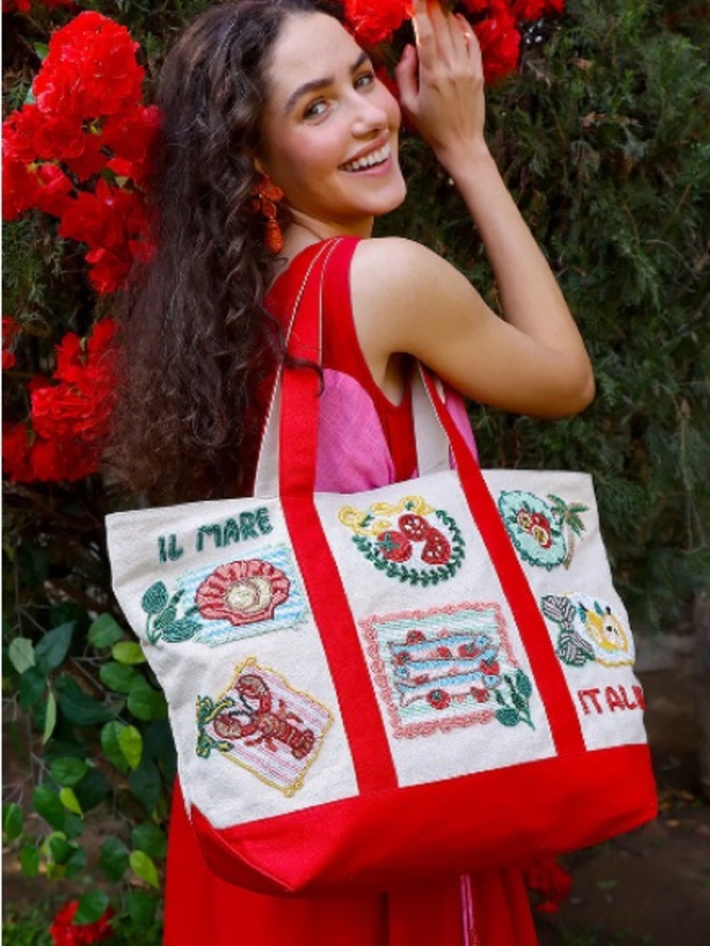 Embroidered Italian Coastal Tote Bag Canvas Beach Market Bag NWT - Picture 3 of 6